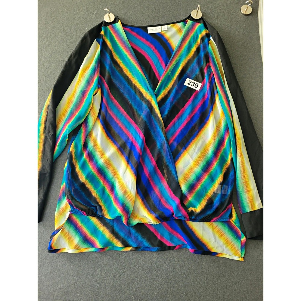 Bisou Bisou Womens L Multicolor/Black Striped V-Neck Long Sleeve Chiffon Blouse